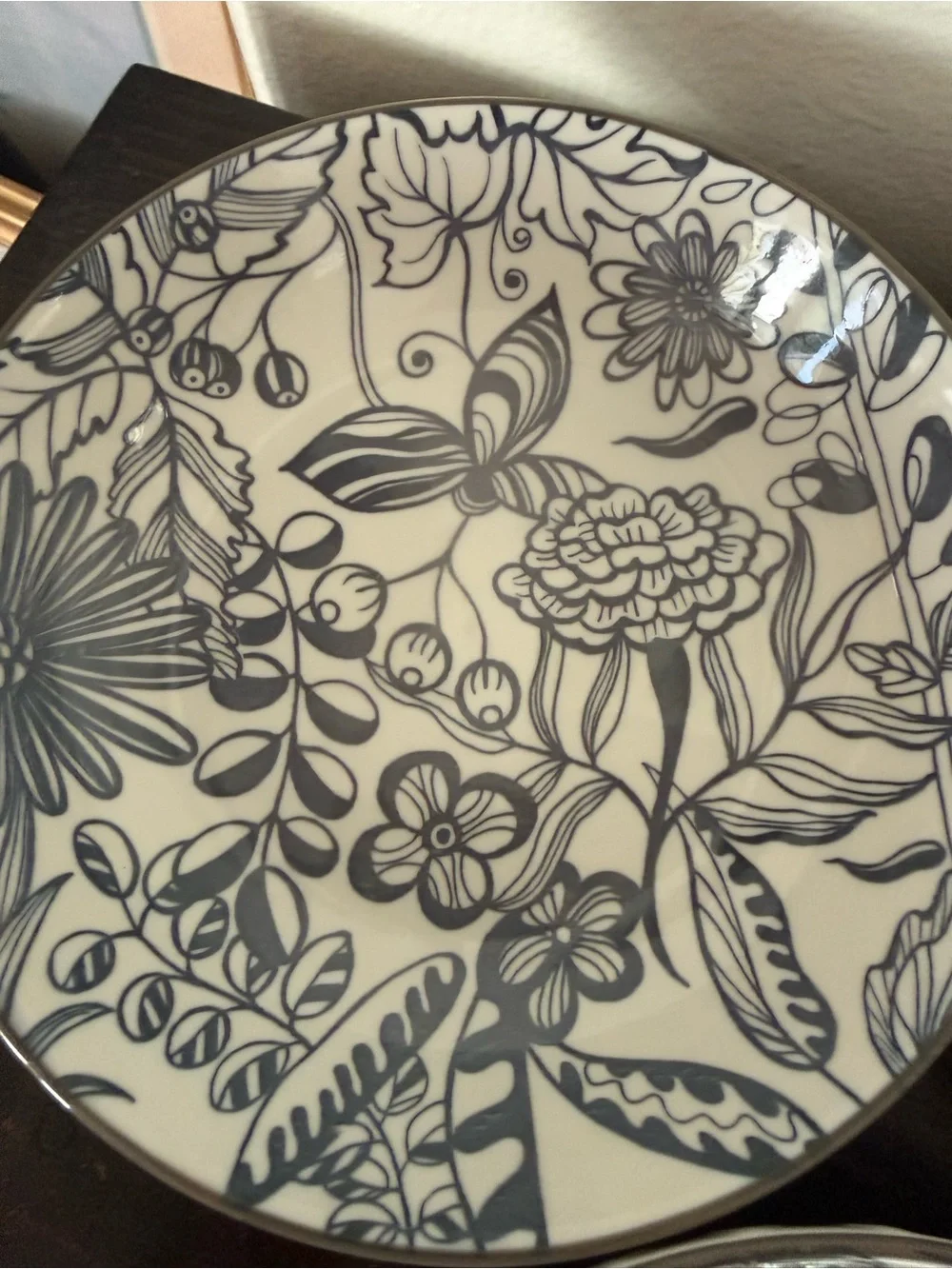 Decorative Floral Ceramic Bowl - grey  and White